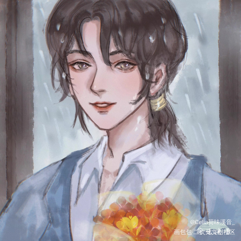 下次送花可以 就别淋雨了_日落大道水彩插画同人章决陈泊桥卡比丘绘画作品