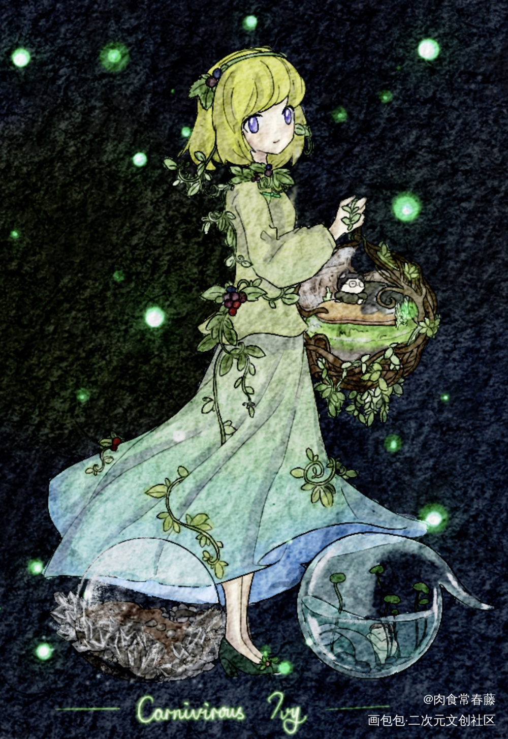 OC小姐姐和她的魔法精灵_手绘水彩绘画作品