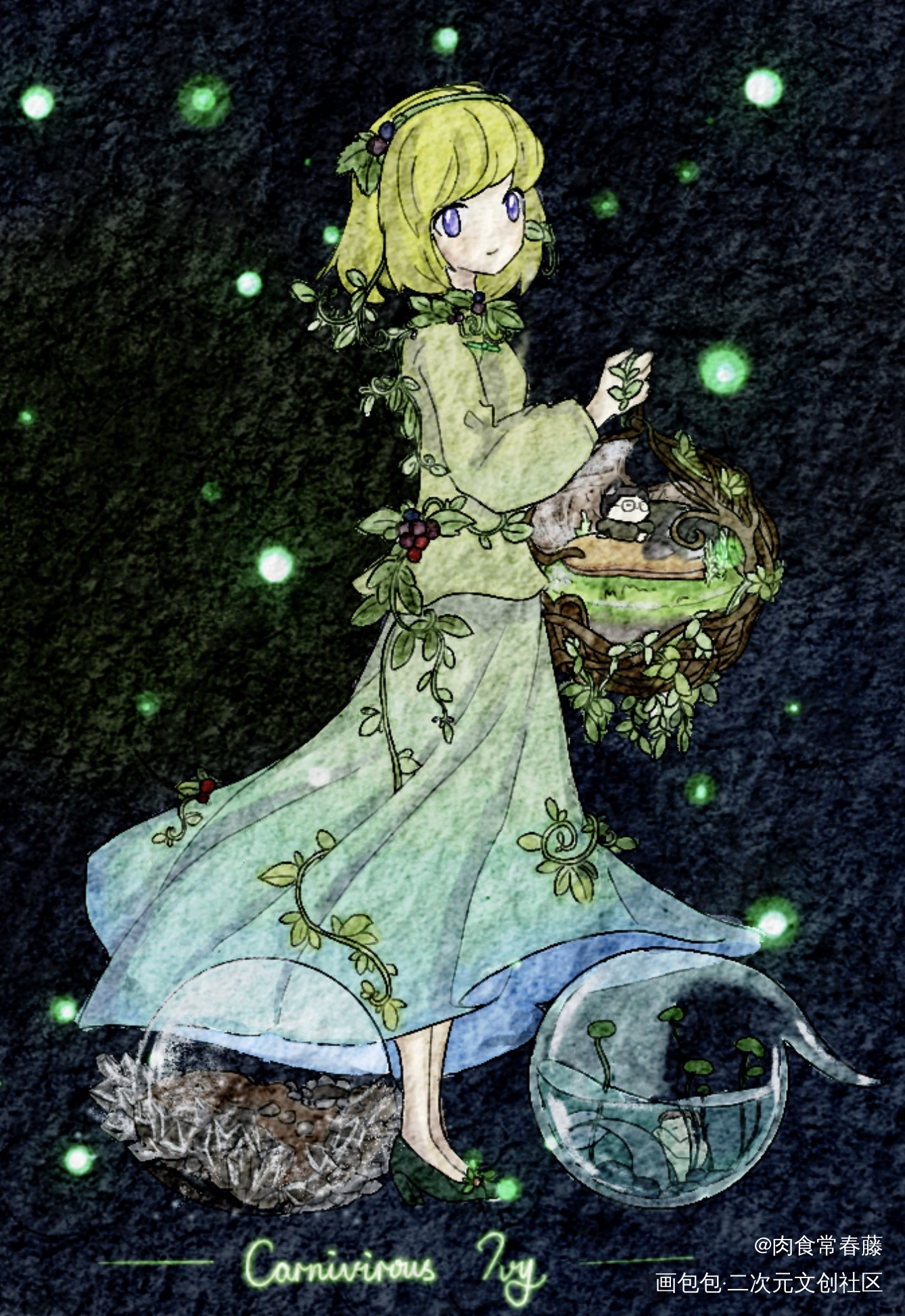 OC小姐姐和她的魔法精灵_手绘水彩绘画作品