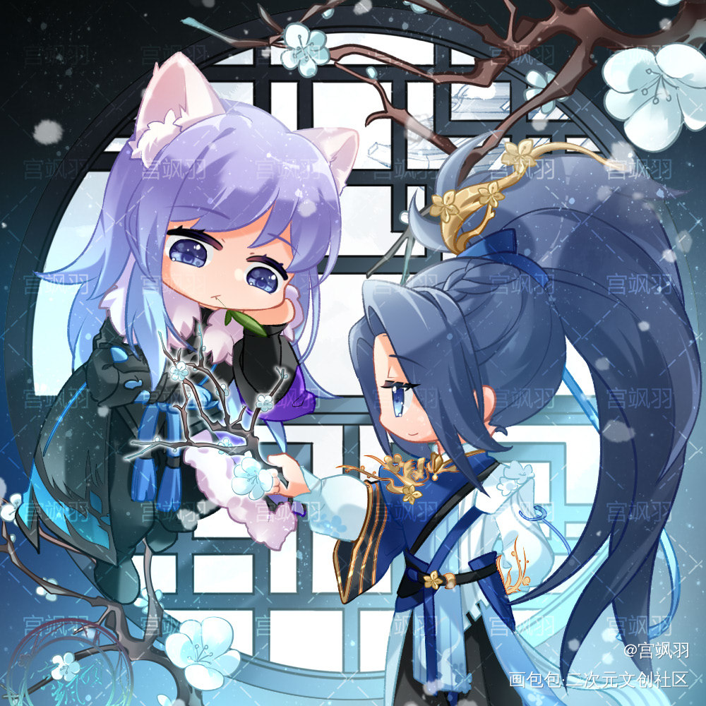 【绘画/王者荣耀】聊赠一枝春_王者荣耀韩信李白Q版插画同人绘画作品