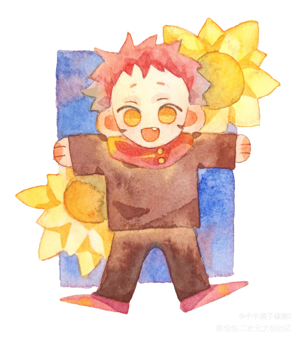 虎杖悠仁生日快乐！_咒术回战五悠虎杖悠仁手绘水彩插画摸鱼绘画作品
