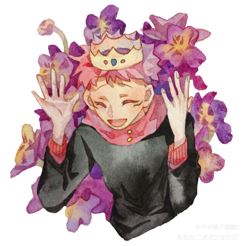 虎杖悠仁生日快乐！_咒术回战五悠虎杖悠仁手绘水彩插画摸鱼绘画作品