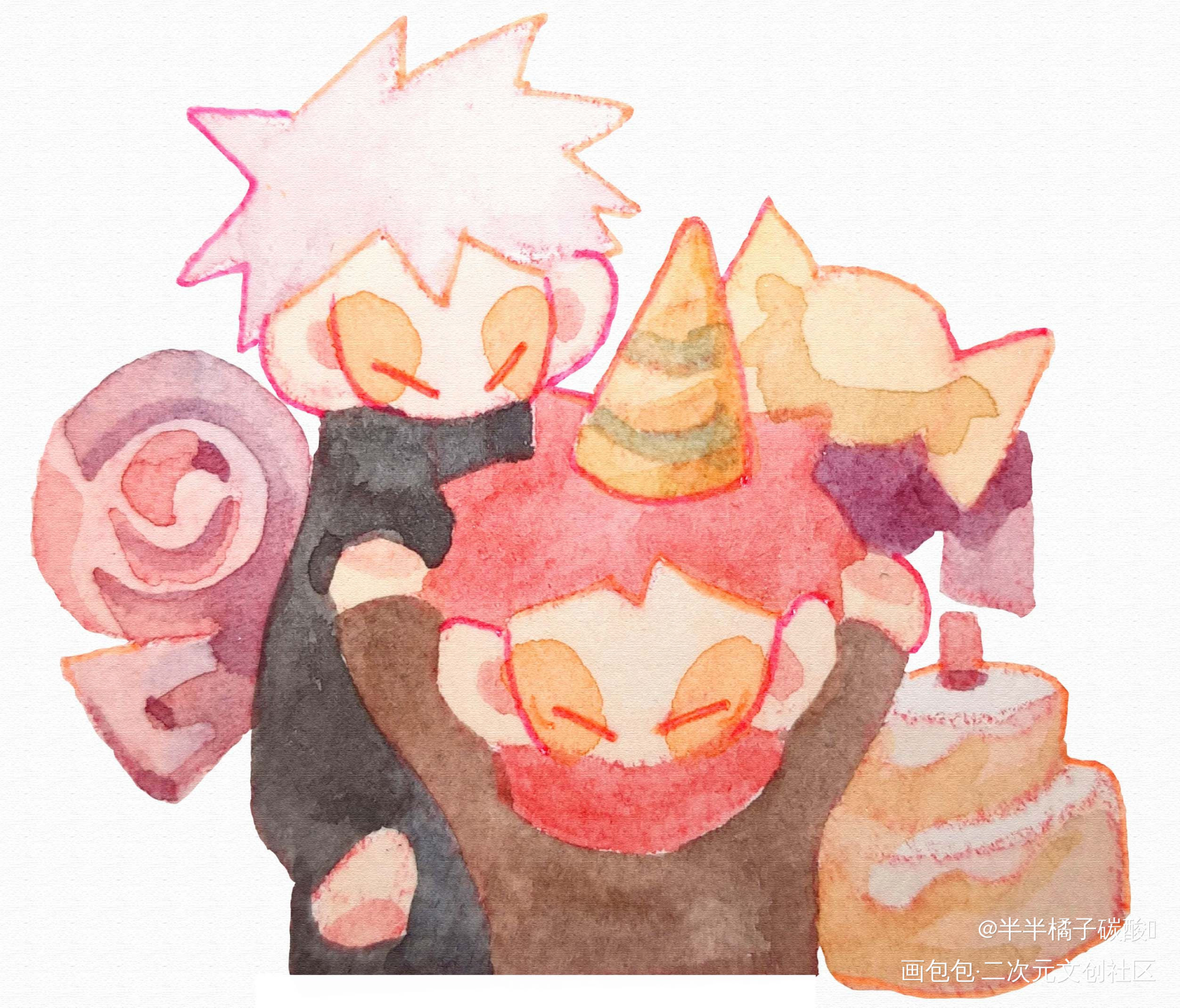 虎杖悠仁生日快乐！_咒术回战五悠虎杖悠仁手绘水彩插画摸鱼绘画作品
