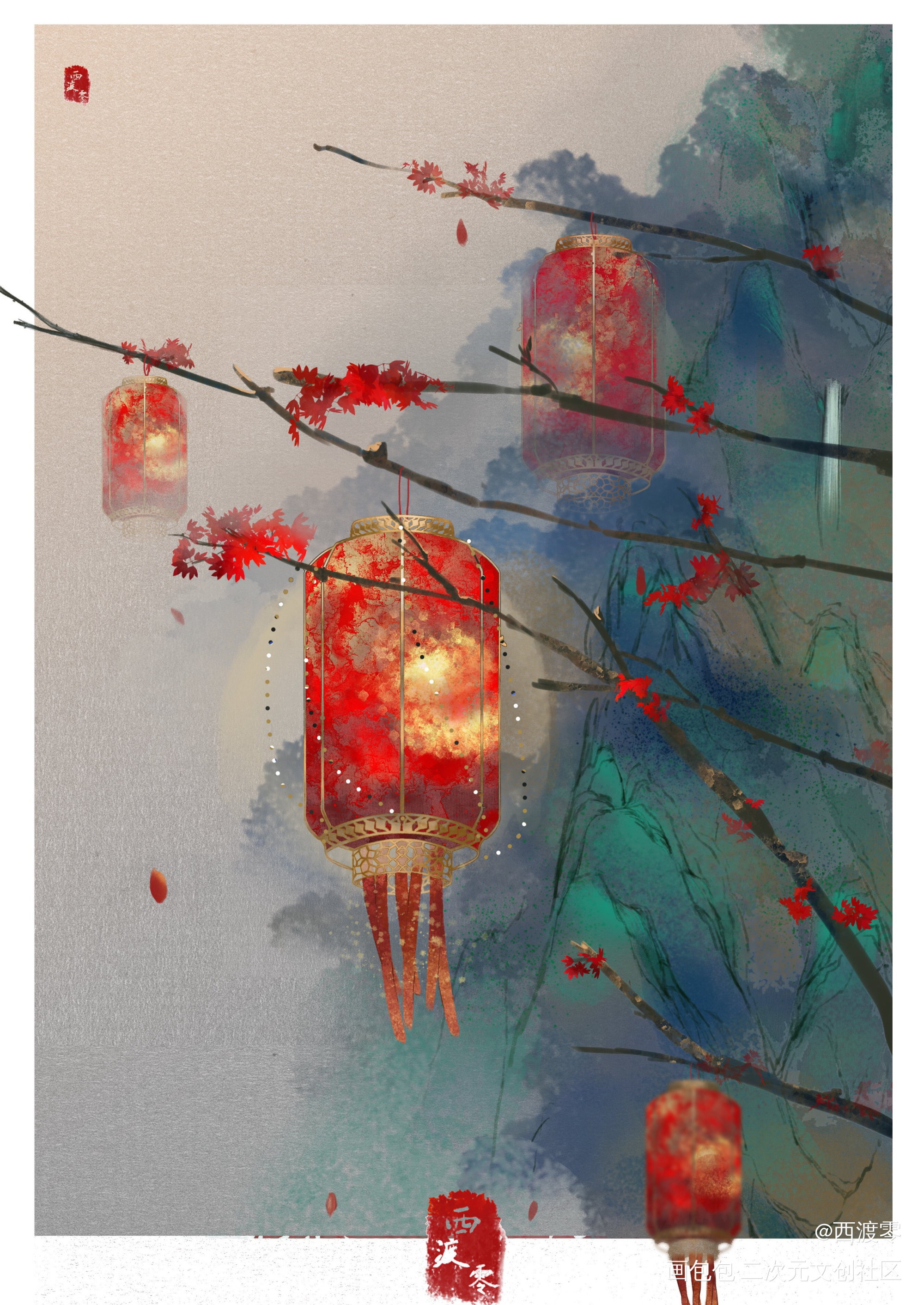 青绿_古风水彩平涂绘画作品