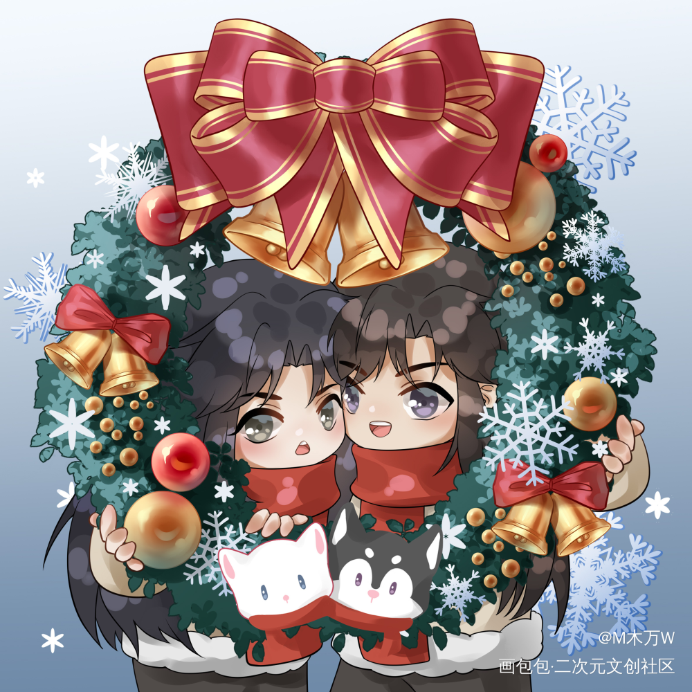 圣诞_二哈和他的白猫师尊燃晚Q版绘画作品