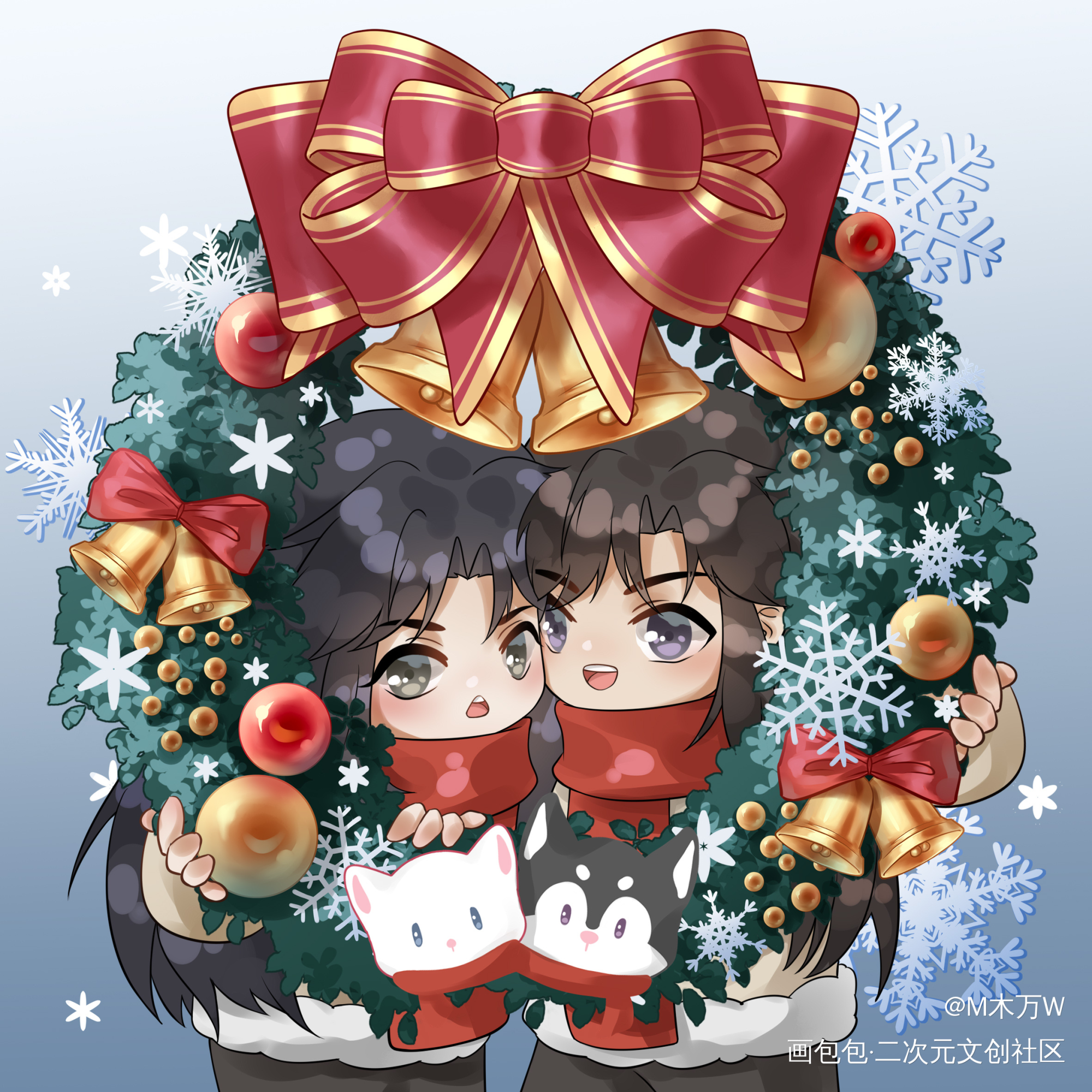 圣诞_二哈和他的白猫师尊燃晚Q版绘画作品