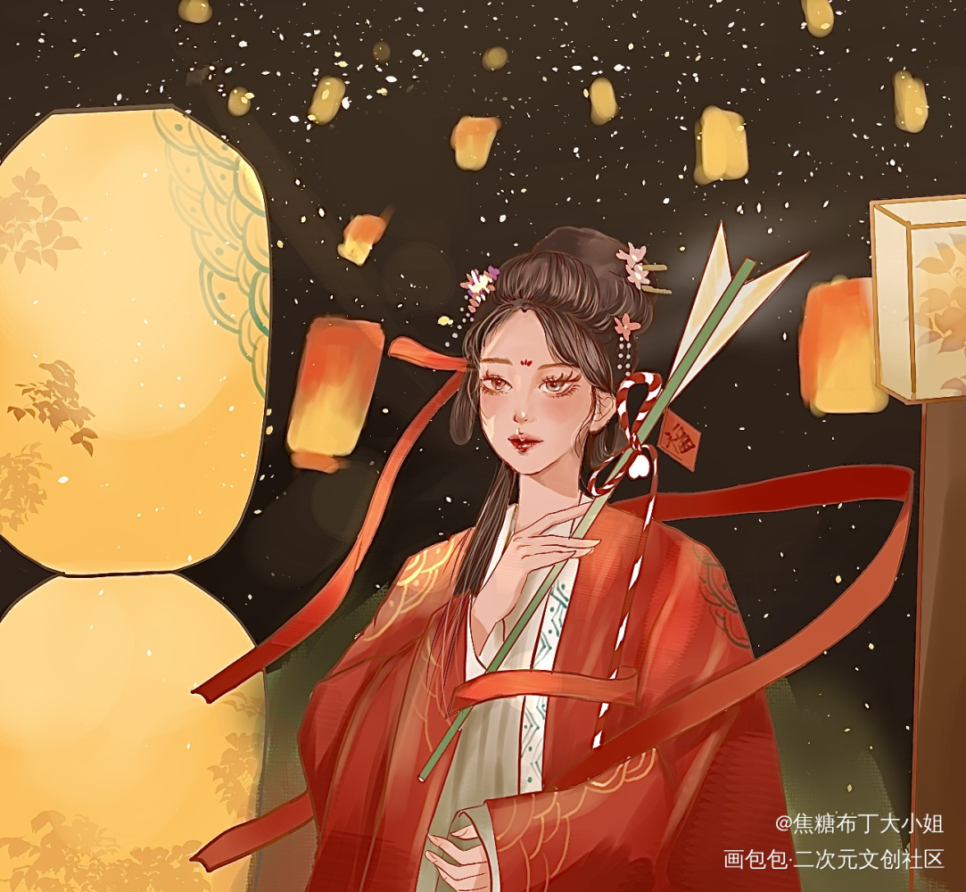 国风花灯少女原创_立绘古风水彩绘画作品