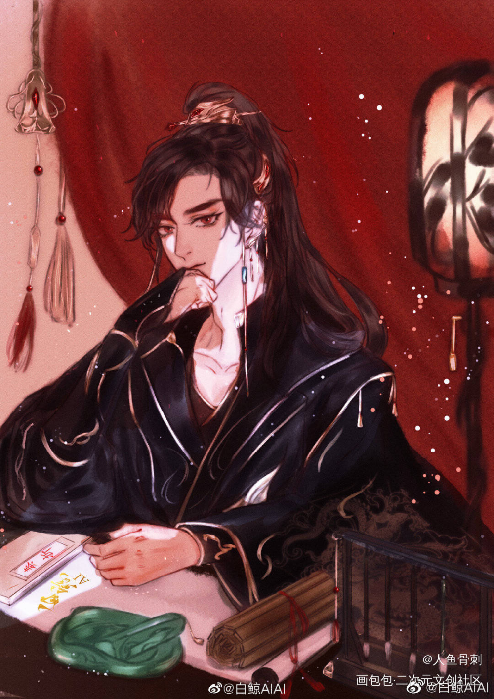 二哈_二哈和他的白猫师尊墨燃古风水彩平涂插画同人约稿板绘绘画作品