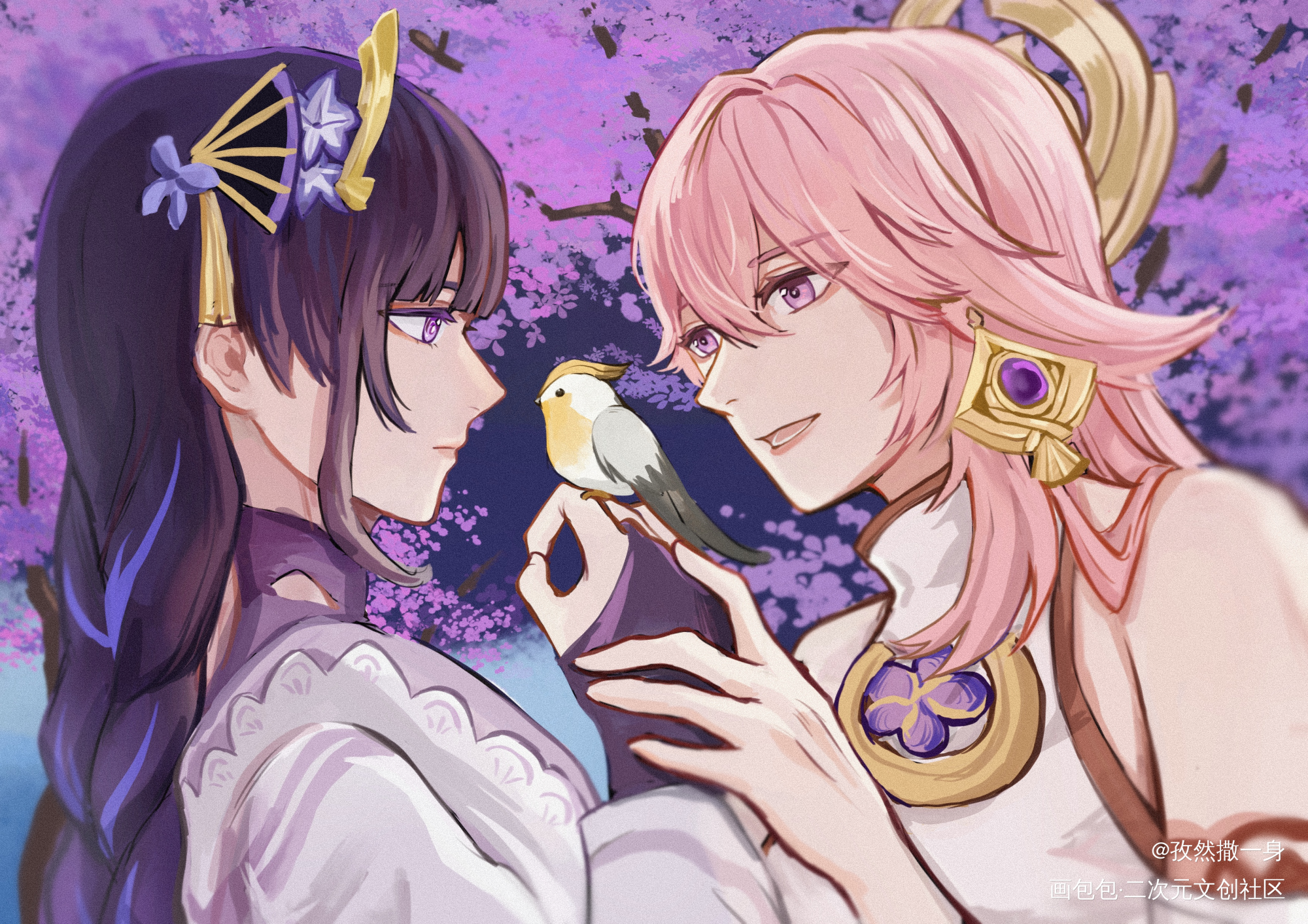 鸣神组贴贴_原神平涂鸣神组绘画作品