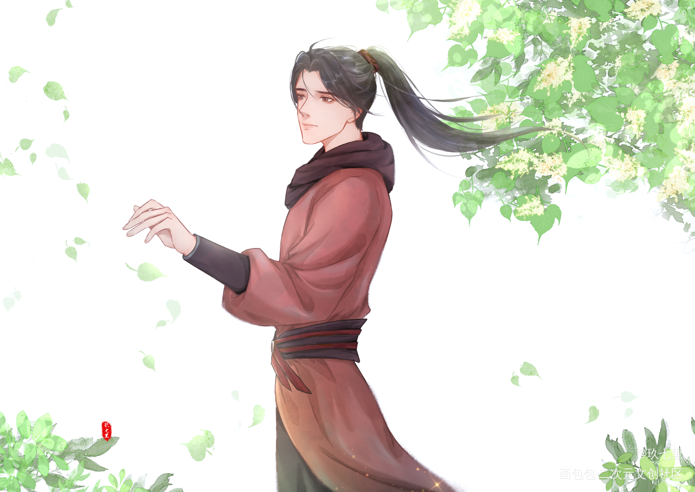 赴·三月约_将进酒松玉古风平涂绘画作品