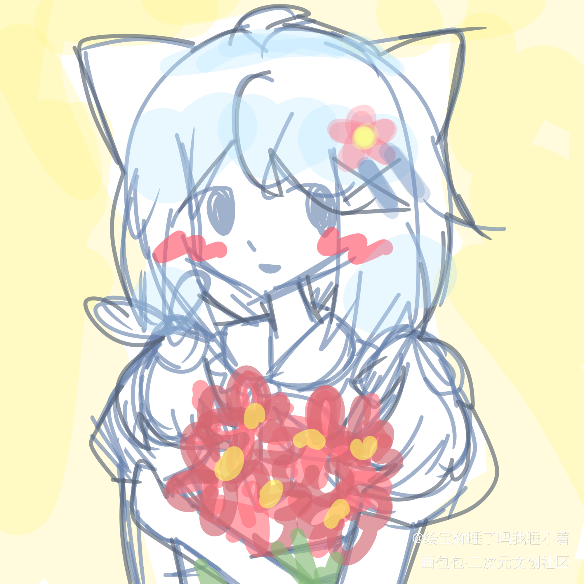 少女和花_平涂绘画ococ绘画作品