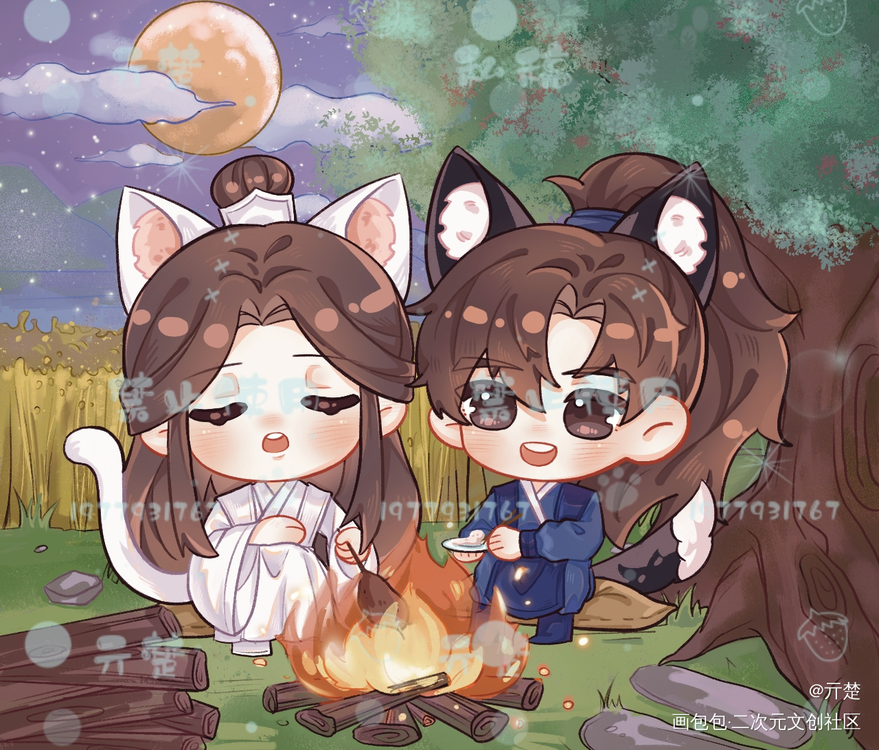 谁不想投喂热乎乎的猫猫呢~_二哈和他的白猫师尊燃晚古风Q版绘画作品