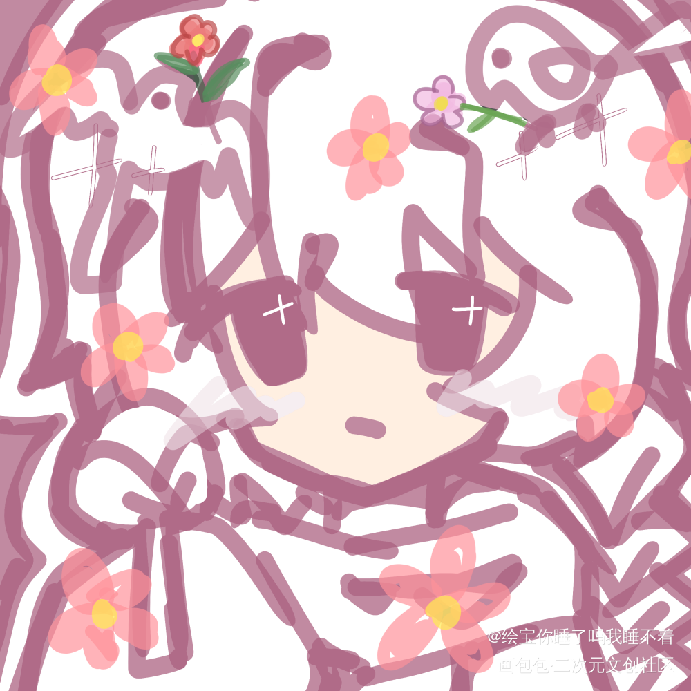小花和小鸟_平涂Q版绘画ococ绘画作品