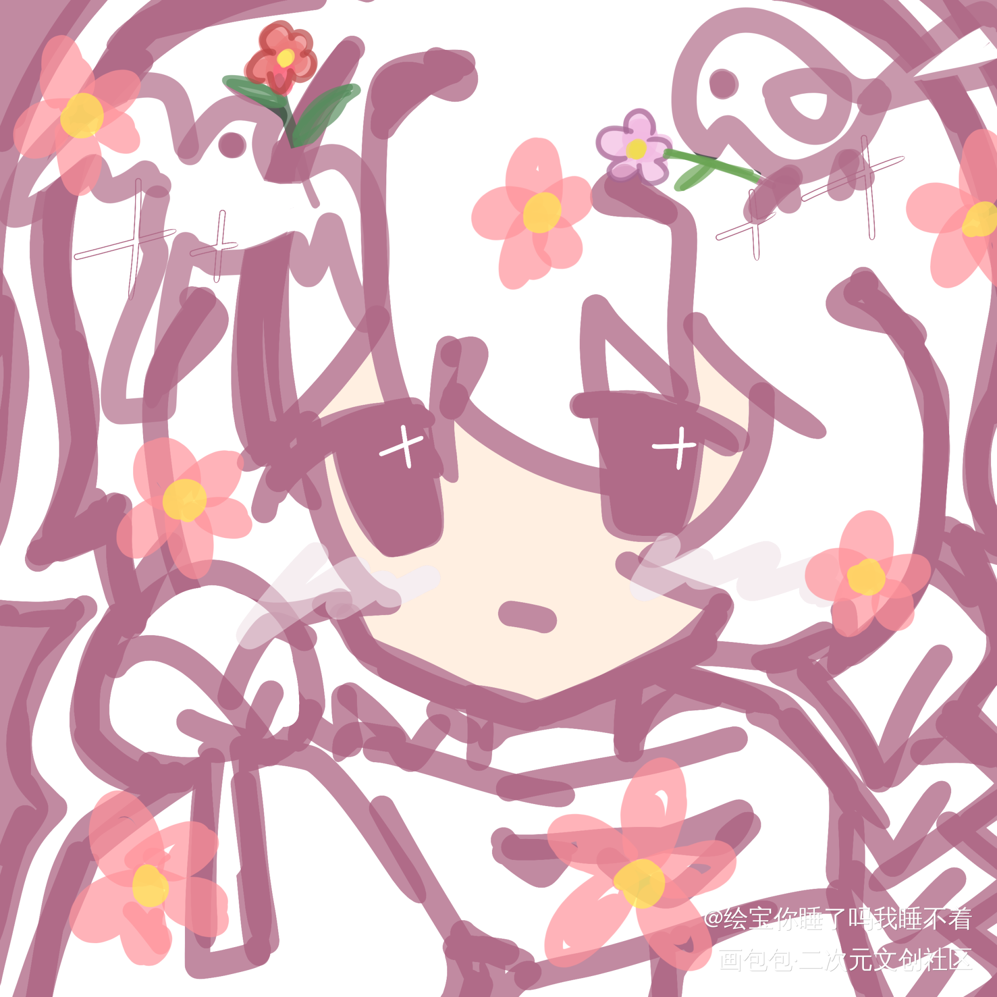 小花和小鸟_平涂Q版绘画ococ绘画作品