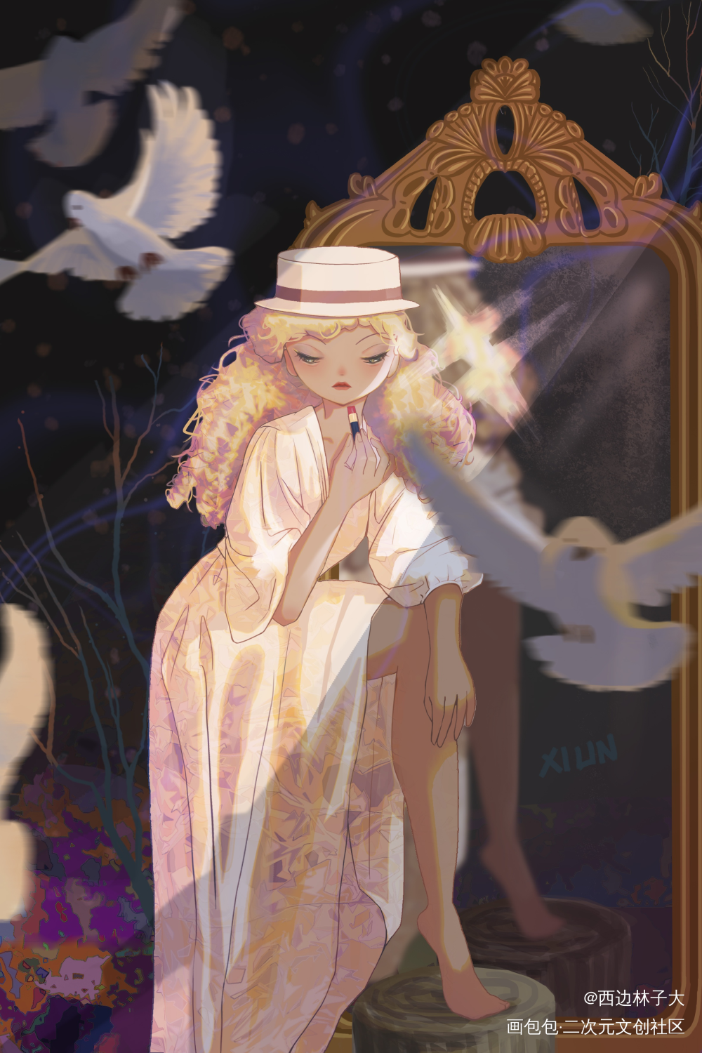镜子_手绘平涂日系绘画作品