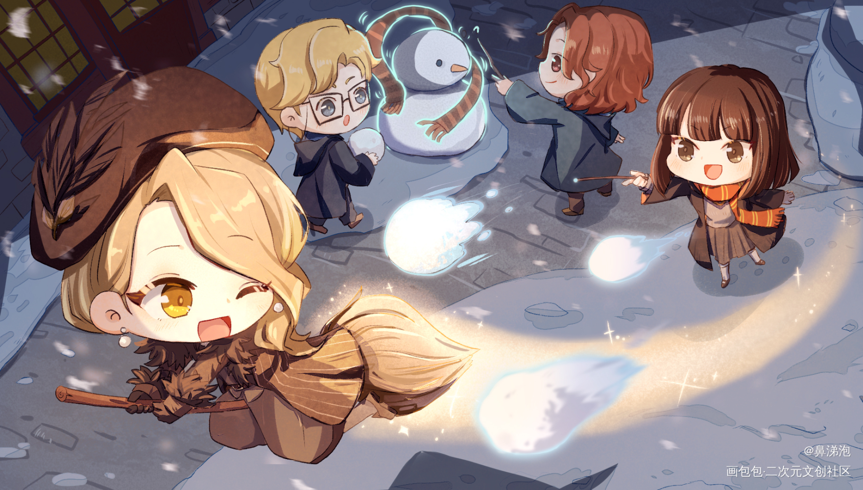 来打雪仗吧_Q版插画同人哈利波特魔法觉醒绘画作品