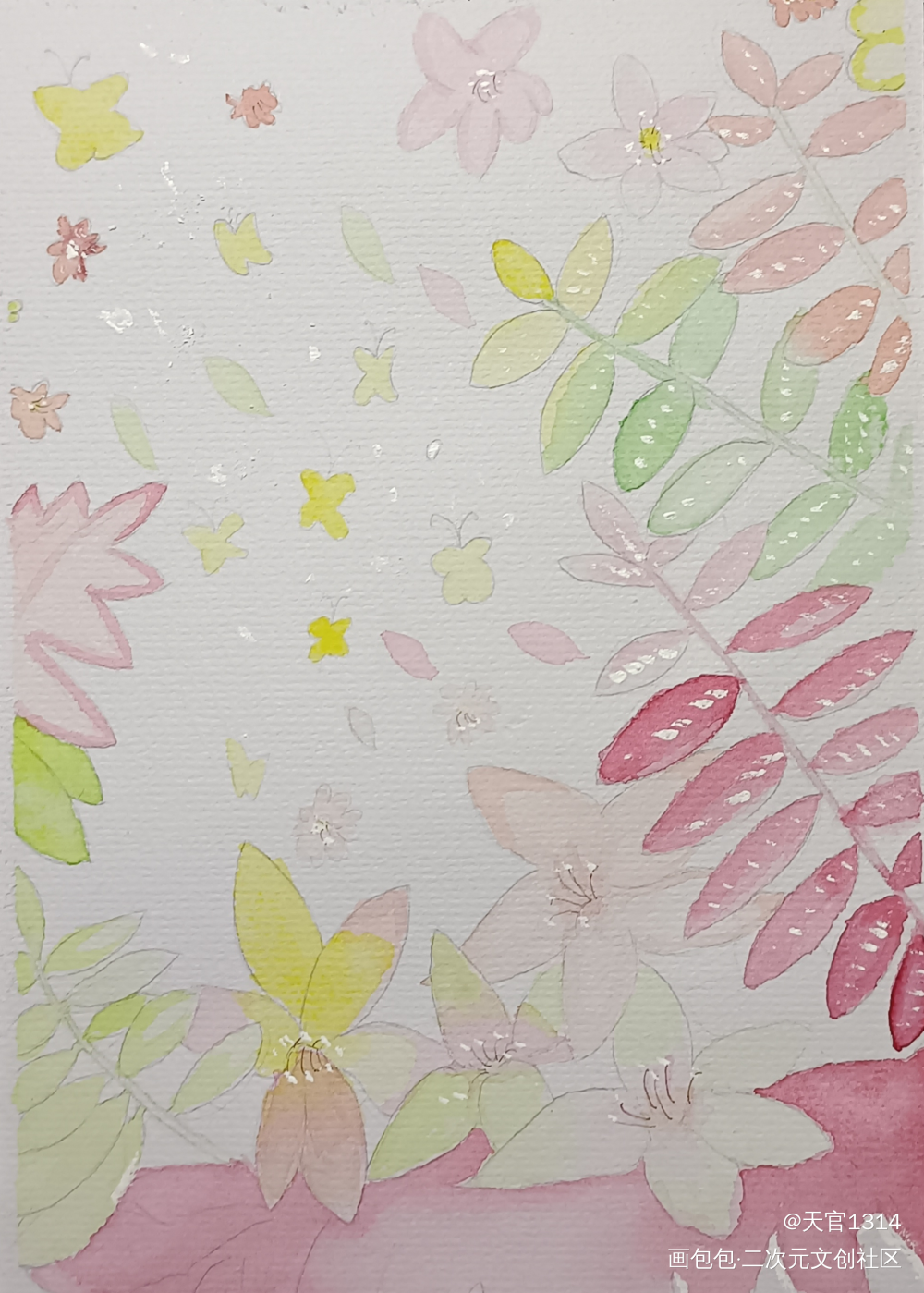 花和蝴蝶_水彩绘画作品