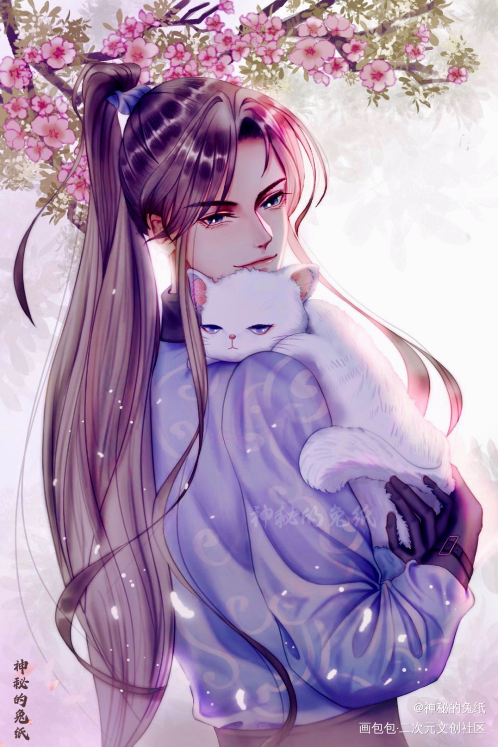 狗子生快！困困猫在怀_二哈和他的白猫师尊燃晚古风平涂同人板绘绘画绘画作品
