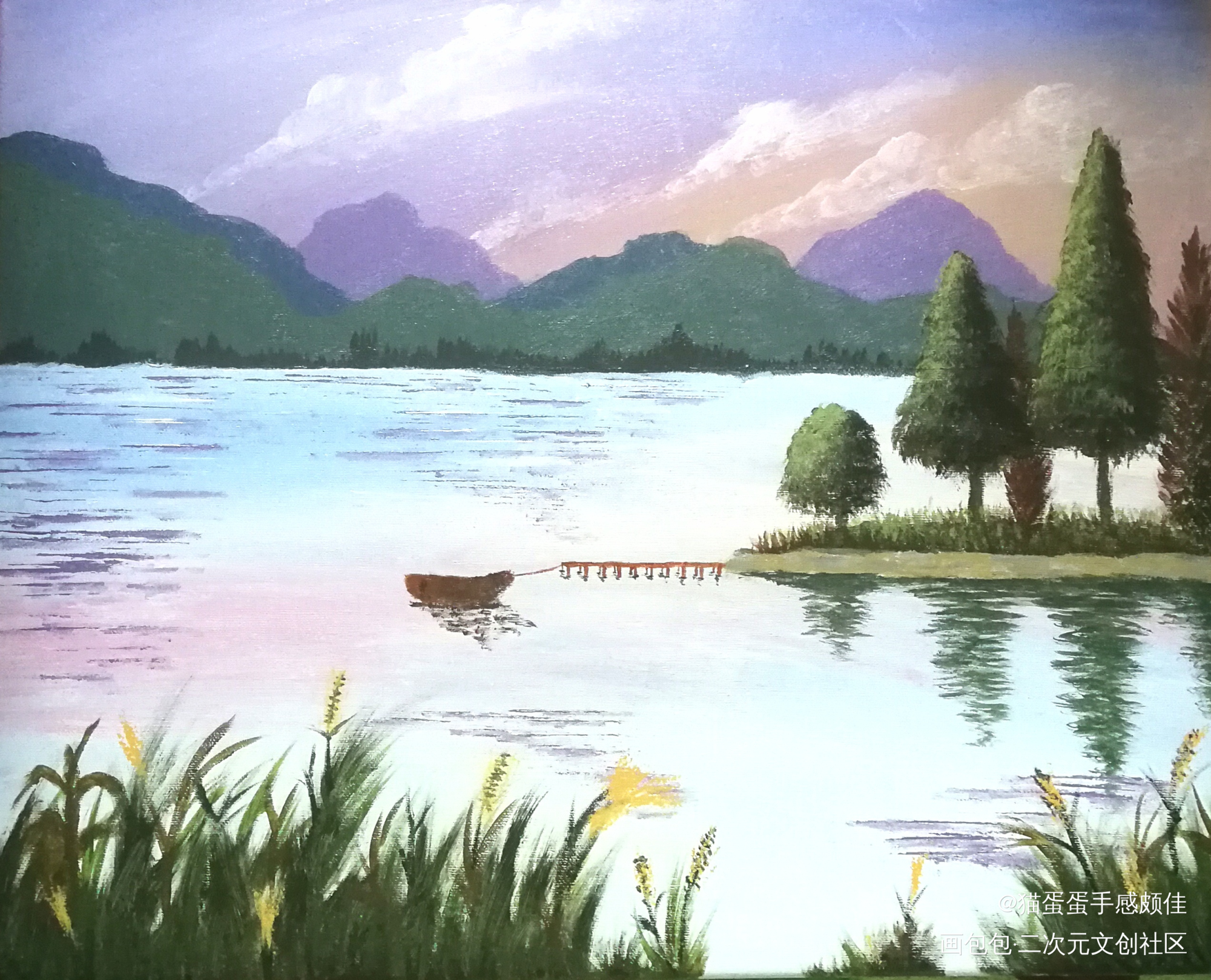 红树青⼭日欲斜 长郊草⾊绿⽆涯_手绘绘画作品