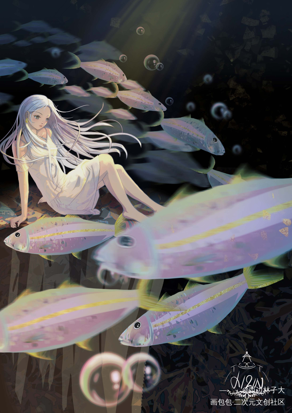 鱼群_平涂日系绘画原创绘画作品