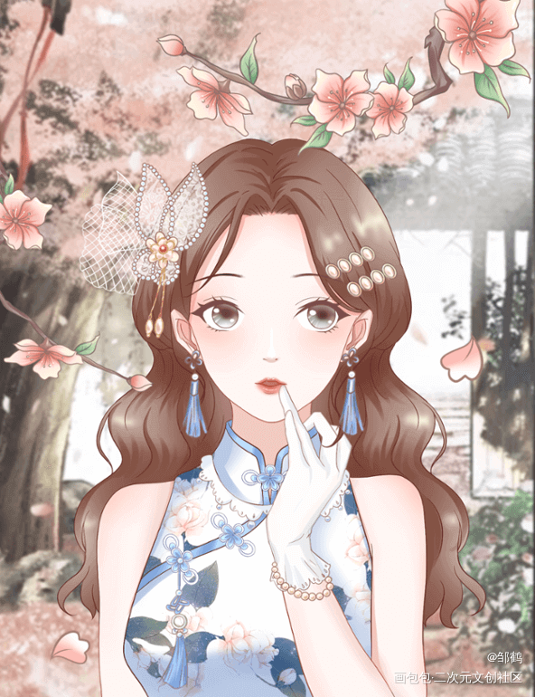 桃花树下的旗袍小姐姐_模板绘画作品