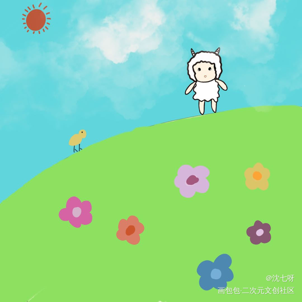 小羊和小鸡_平涂绘画作品