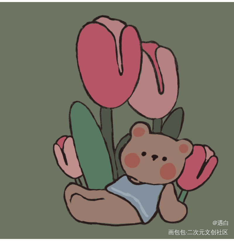 郁金香与小熊_唤醒春日主题打卡绘画作品