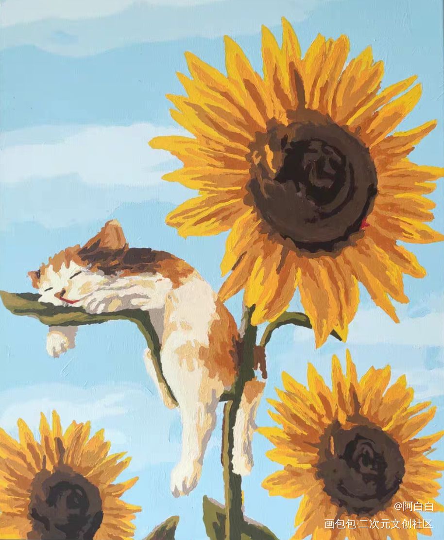 猫咪与春_手绘绘画作品