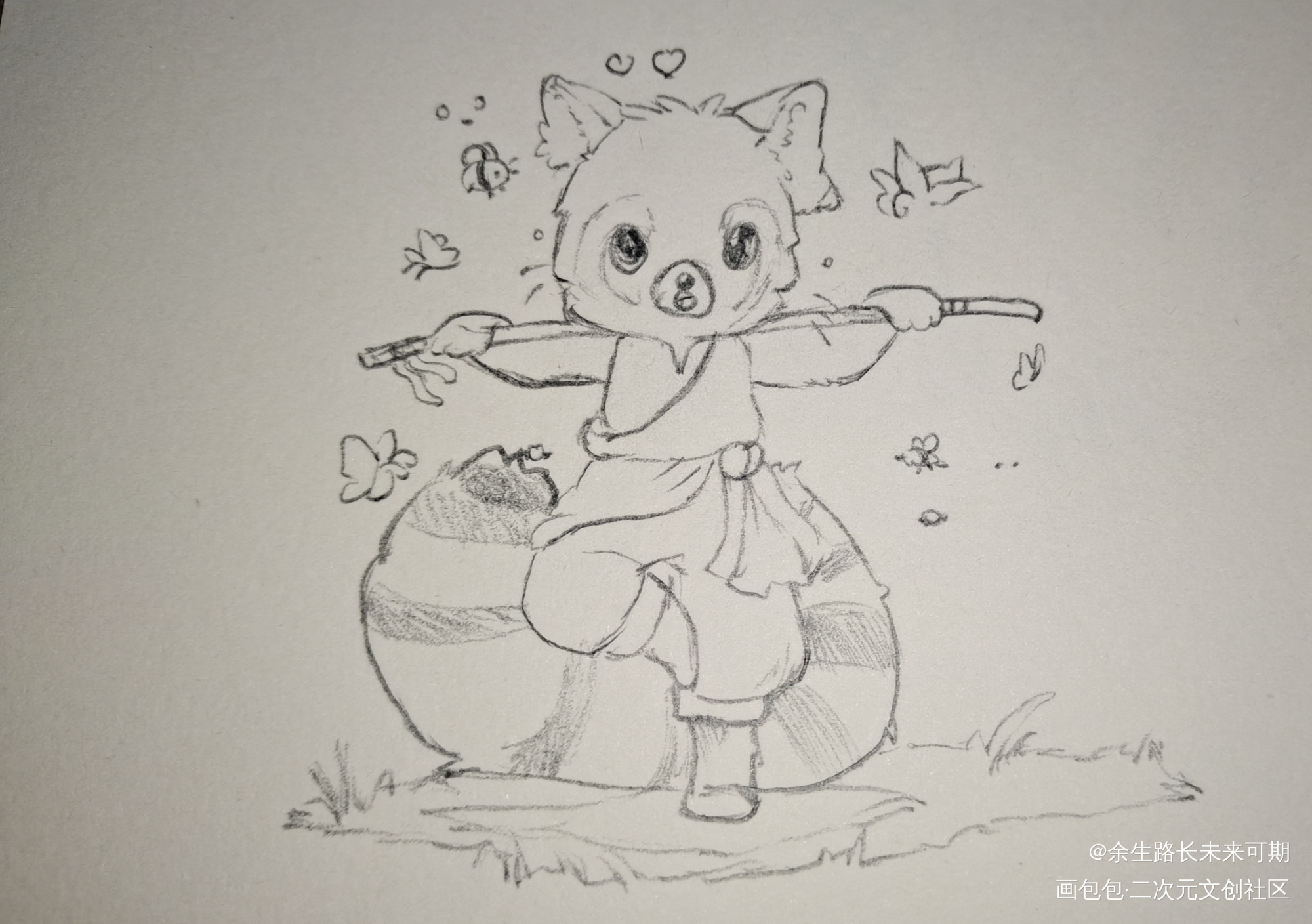被蝴蝶围绕的小浣熊_手绘Q版绘画作品