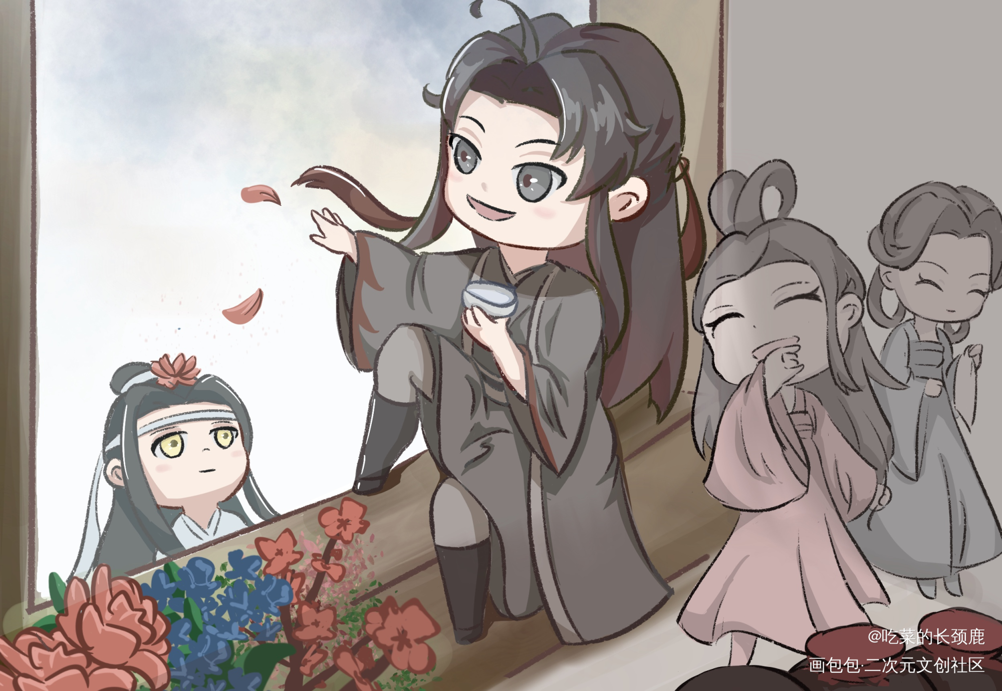 蓝湛，要不上来坐坐？_魔道祖师忘羡蓝忘机魏无羡蓝忘机魏无羡Q版唤醒春日主题打卡绘画作品