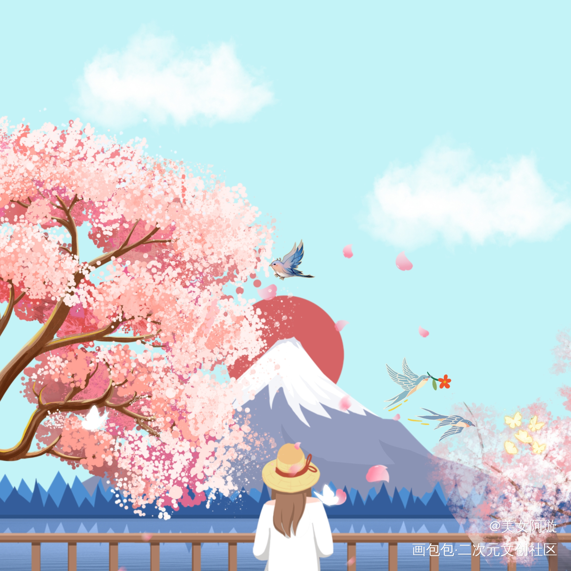 富士山_手绘绘画作品