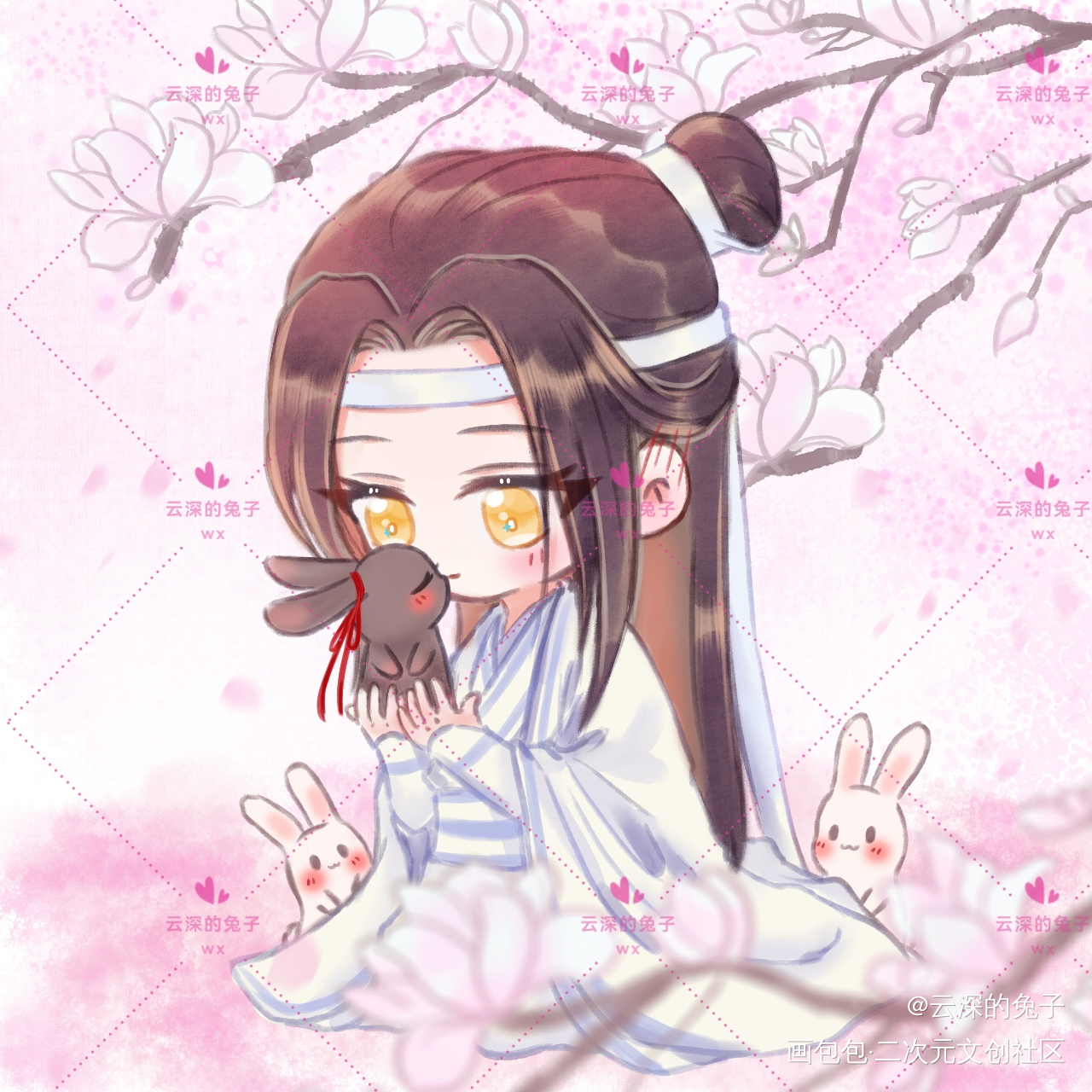 玉兰美人和他的小黑兔_魔道祖师忘羡蓝忘机魏无羡Q版绘画作品