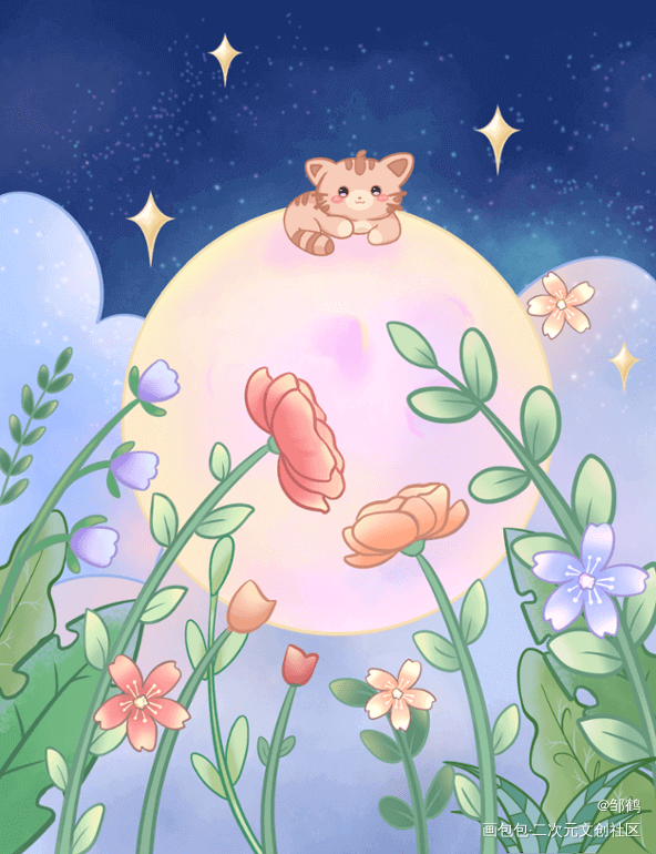 春夜下的小猫咪_模板绘画作品