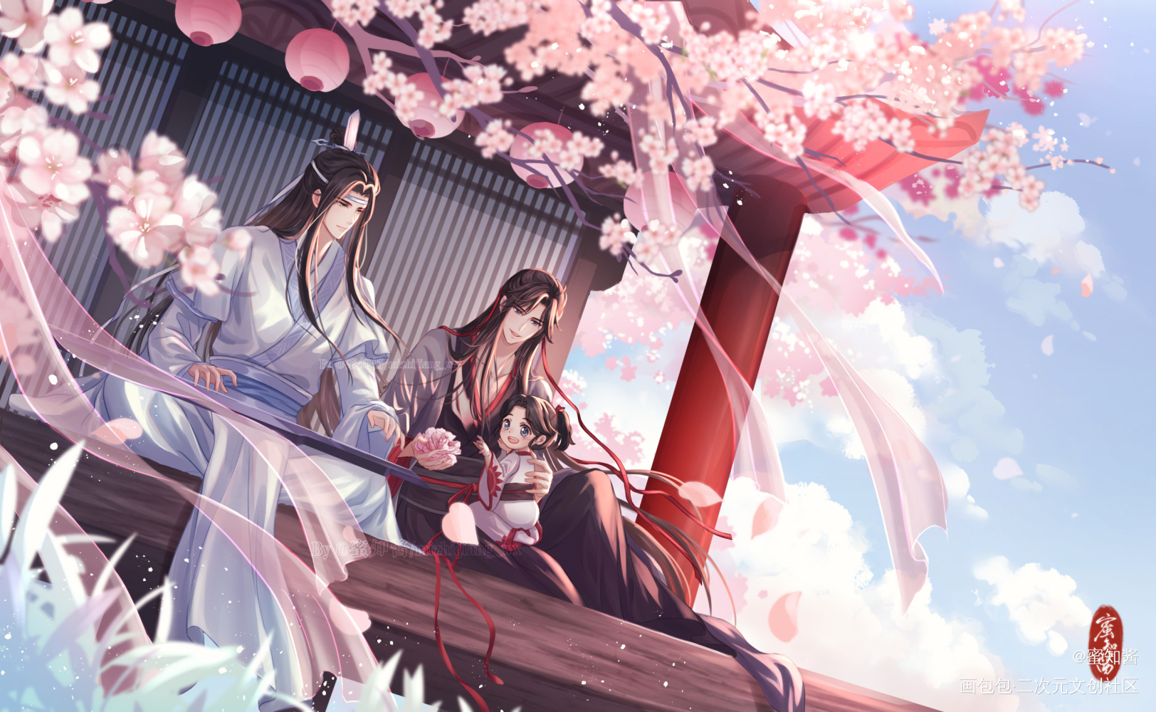 忘羡一家三口赏樱_魔道祖师忘羡蓝忘机魏无羡平涂日系我要上首推插画同人绘画作品