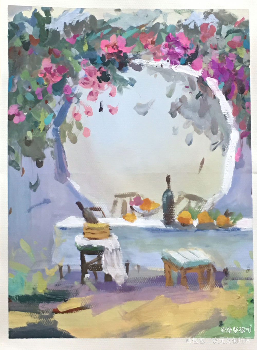花墙庭院_色彩场景绘画作品