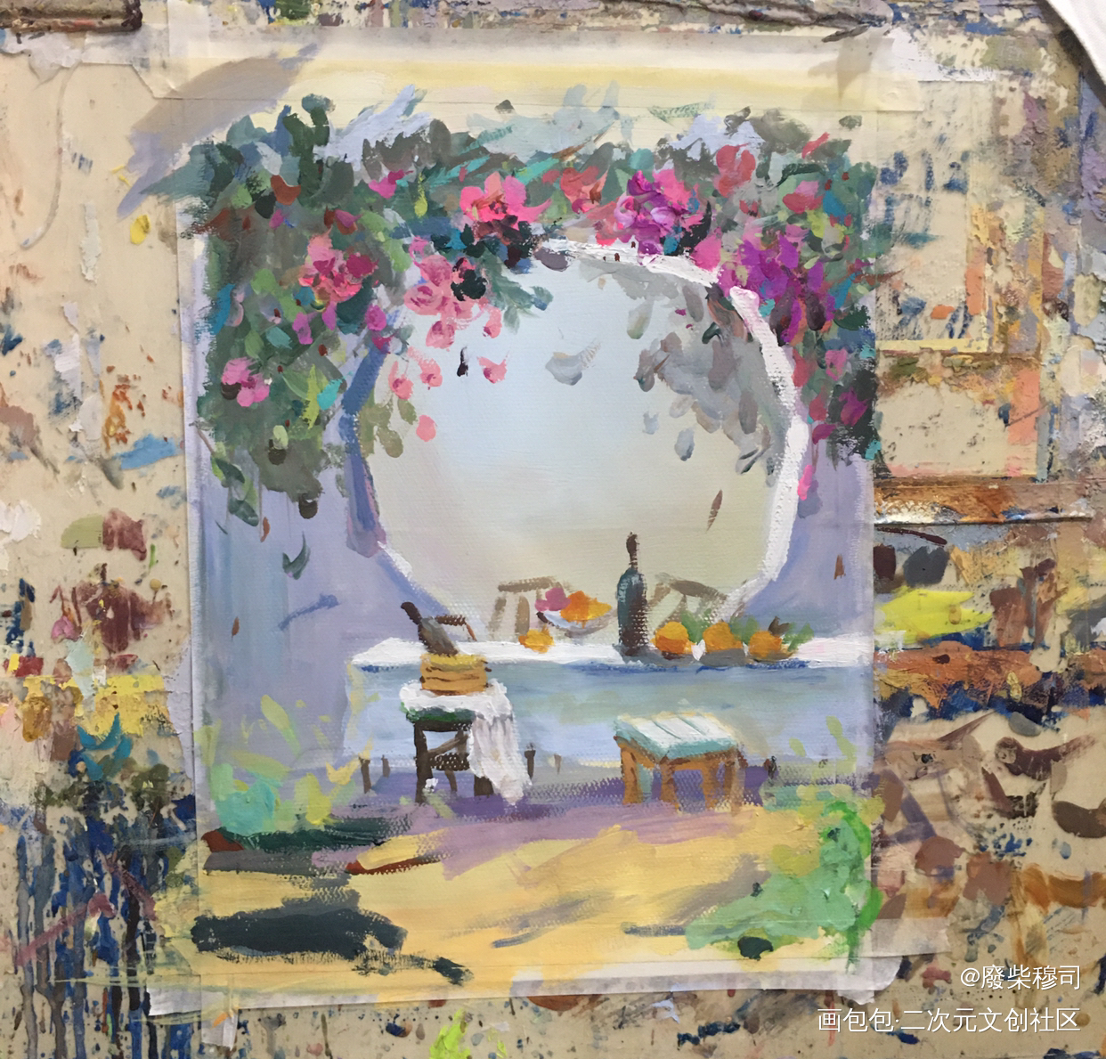 花墙庭院_色彩场景绘画作品