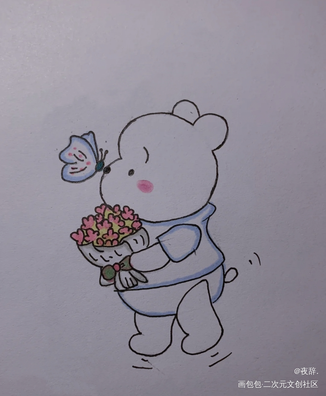 小熊维尼送你花花_手绘绘画作品