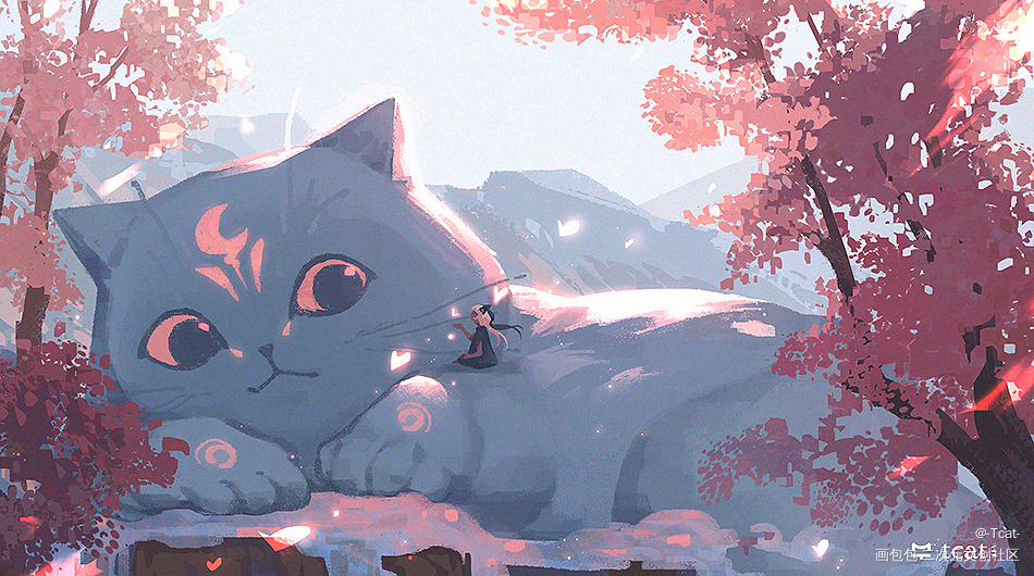 春日里的大猫猫_板绘涂厚涂日系花卉场景猫原创绘画作品