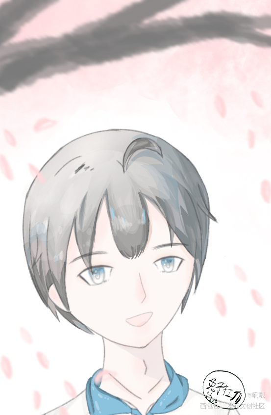 樱花下的少年_唤醒春日主题打卡绘画作品