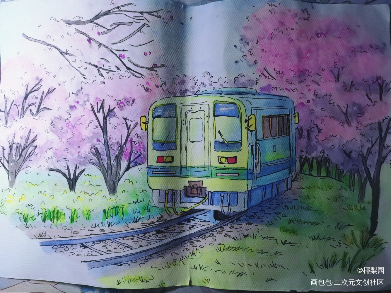 樱花列车_水彩临摹手绘绘画作品