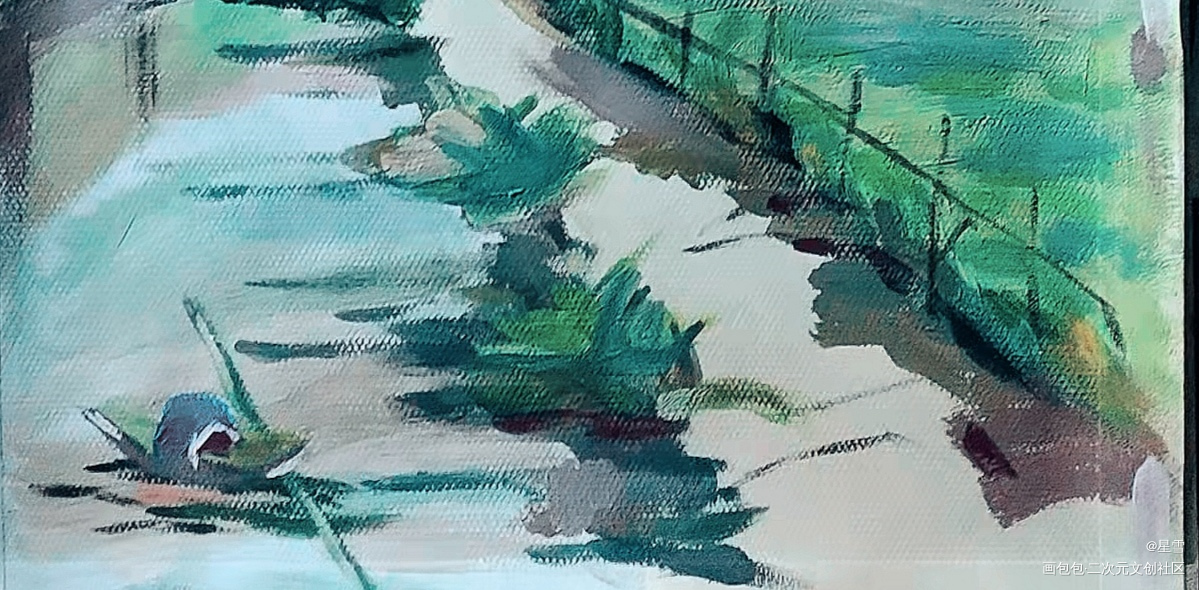 春日里林间的池塘和小道呀_唤醒春日主题打卡绘画作品