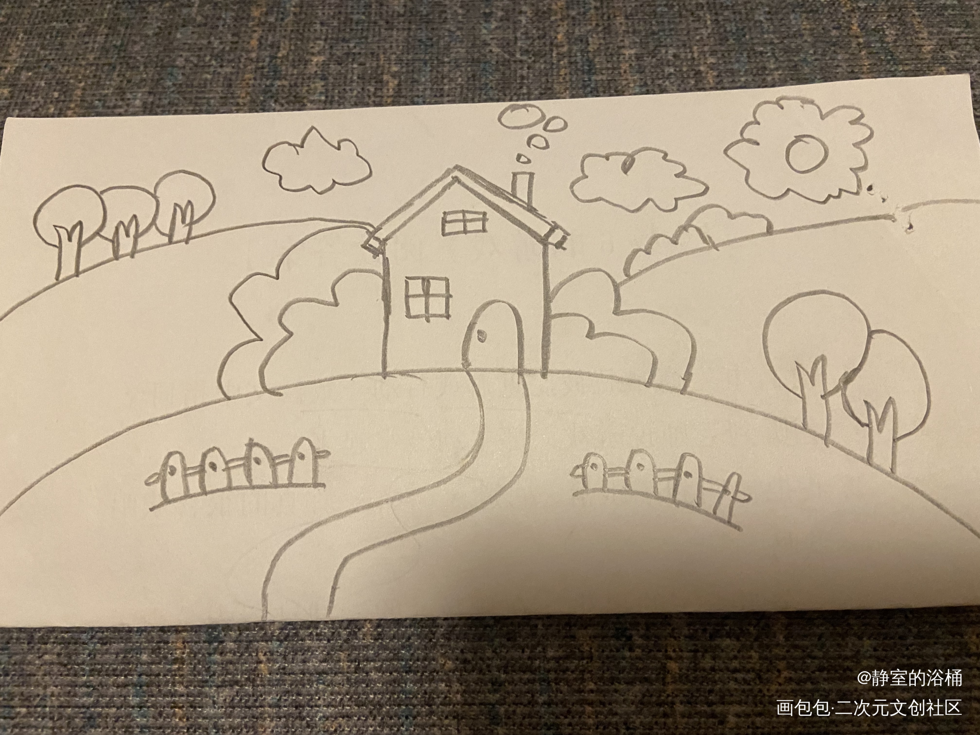 春天的草屋_黑白简笔绘画作品
