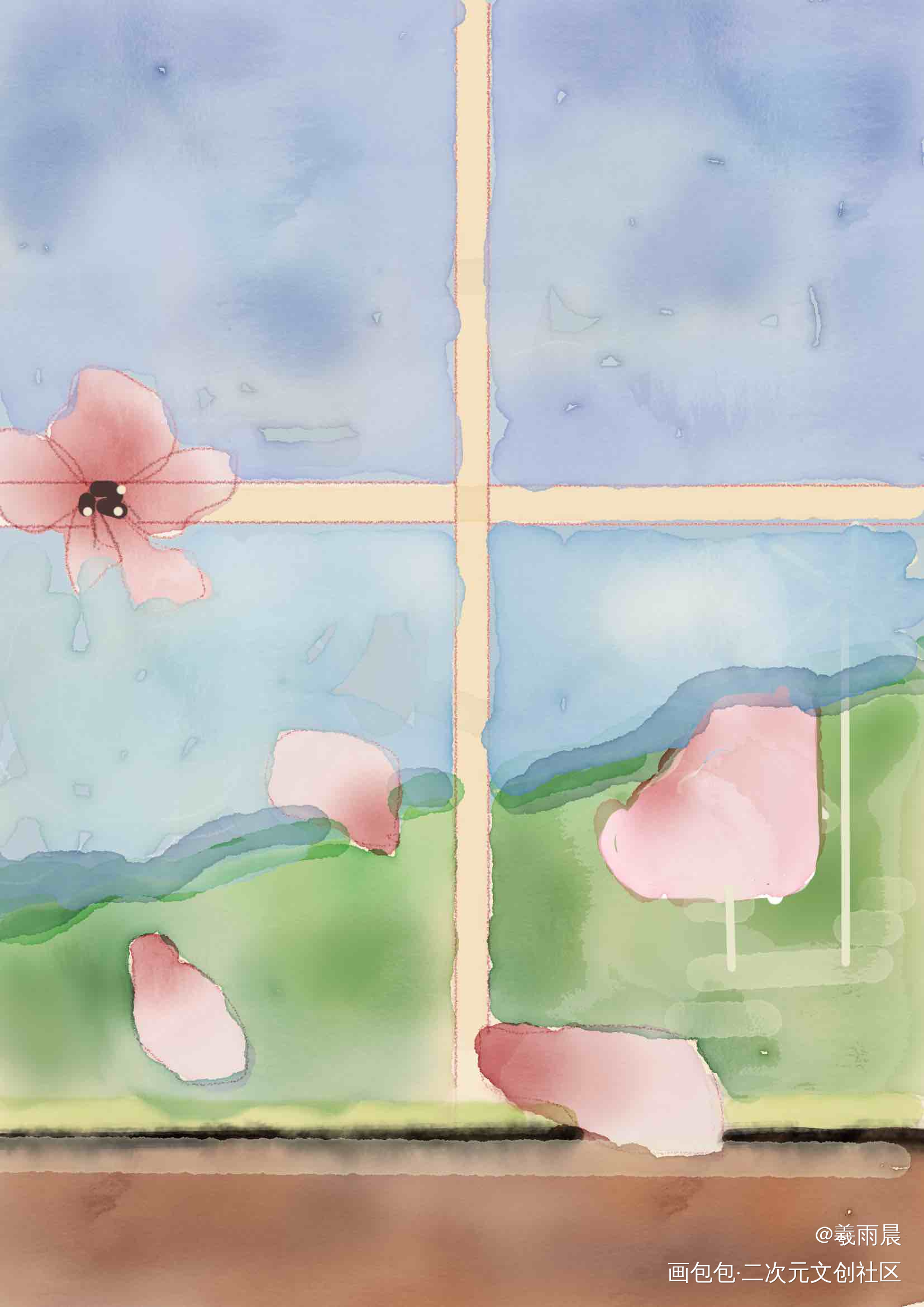 窗外杏雨_摸鱼页绘画作品
