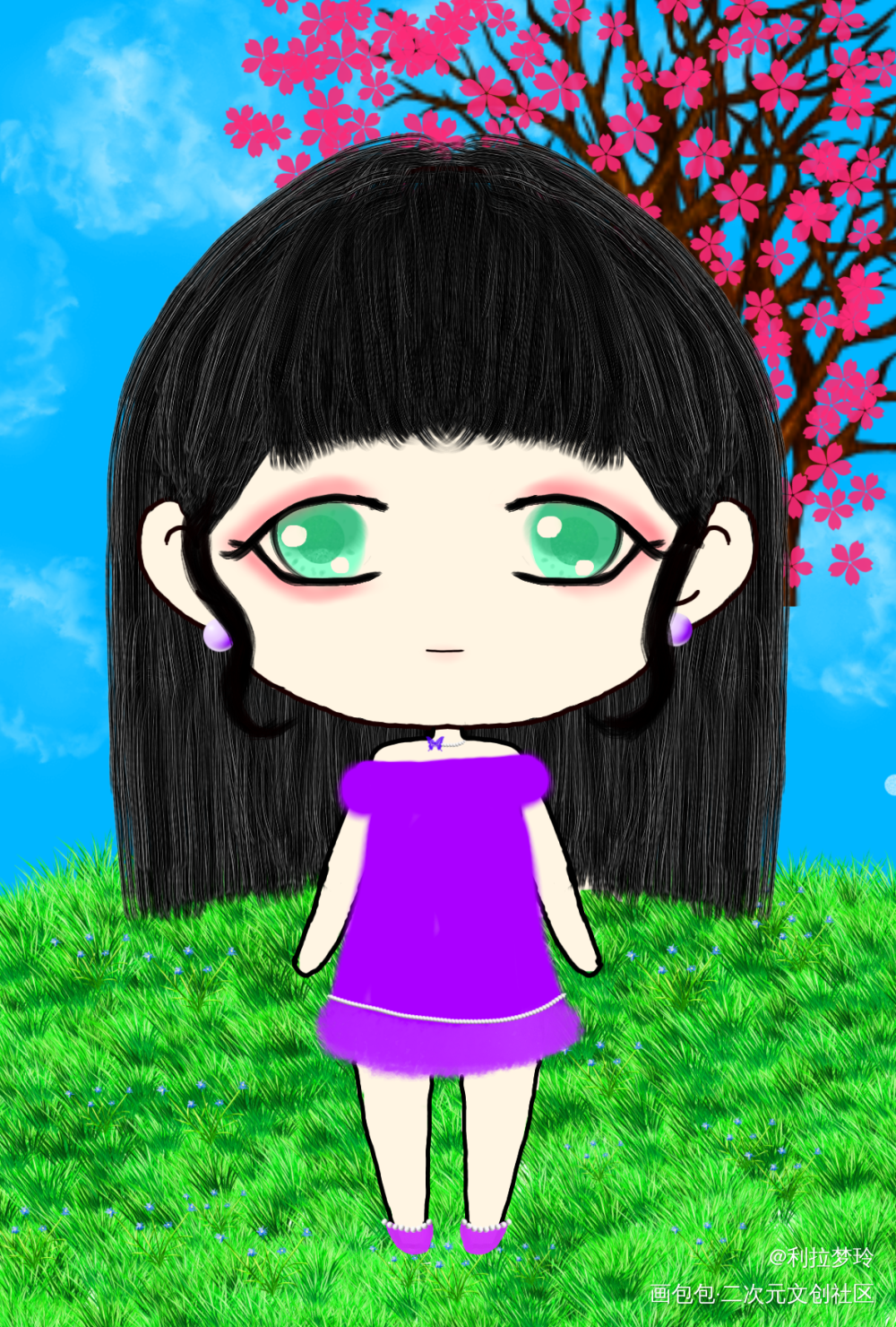 平民少女_萌新报道Q版黑发利拉梦玲樱花之下绘画绘画作品