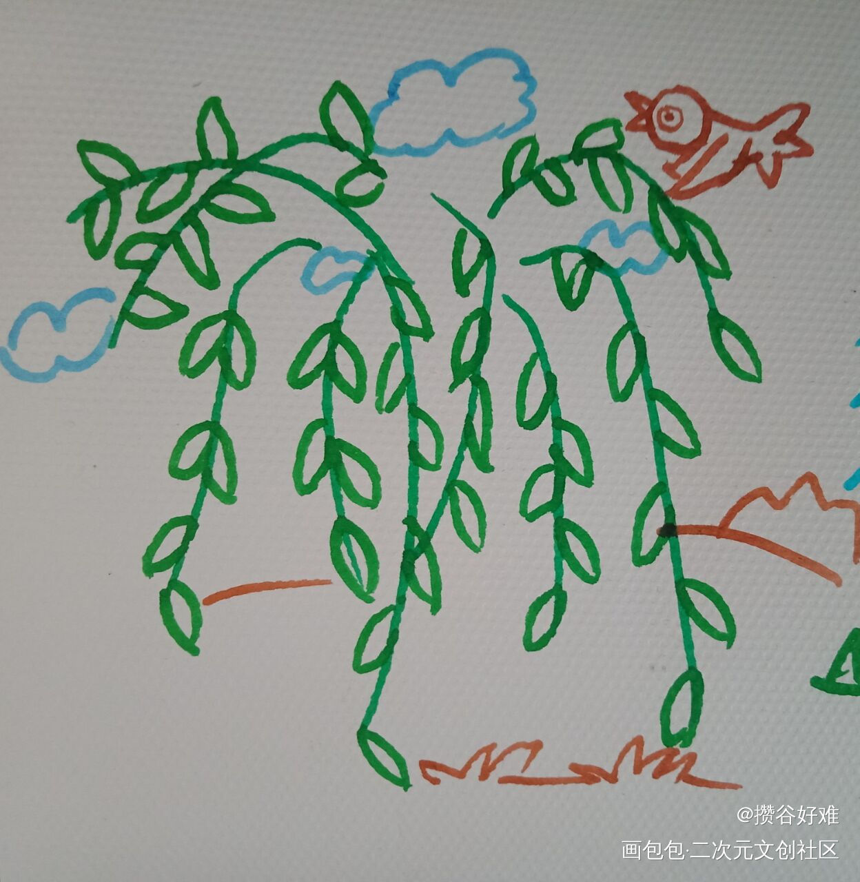 春日里的小鸟和满怀绿色的柳树呀_唤醒春日主题打卡绘画作品