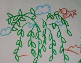 春日里的小鸟和满怀绿色的柳树呀_绘画作品