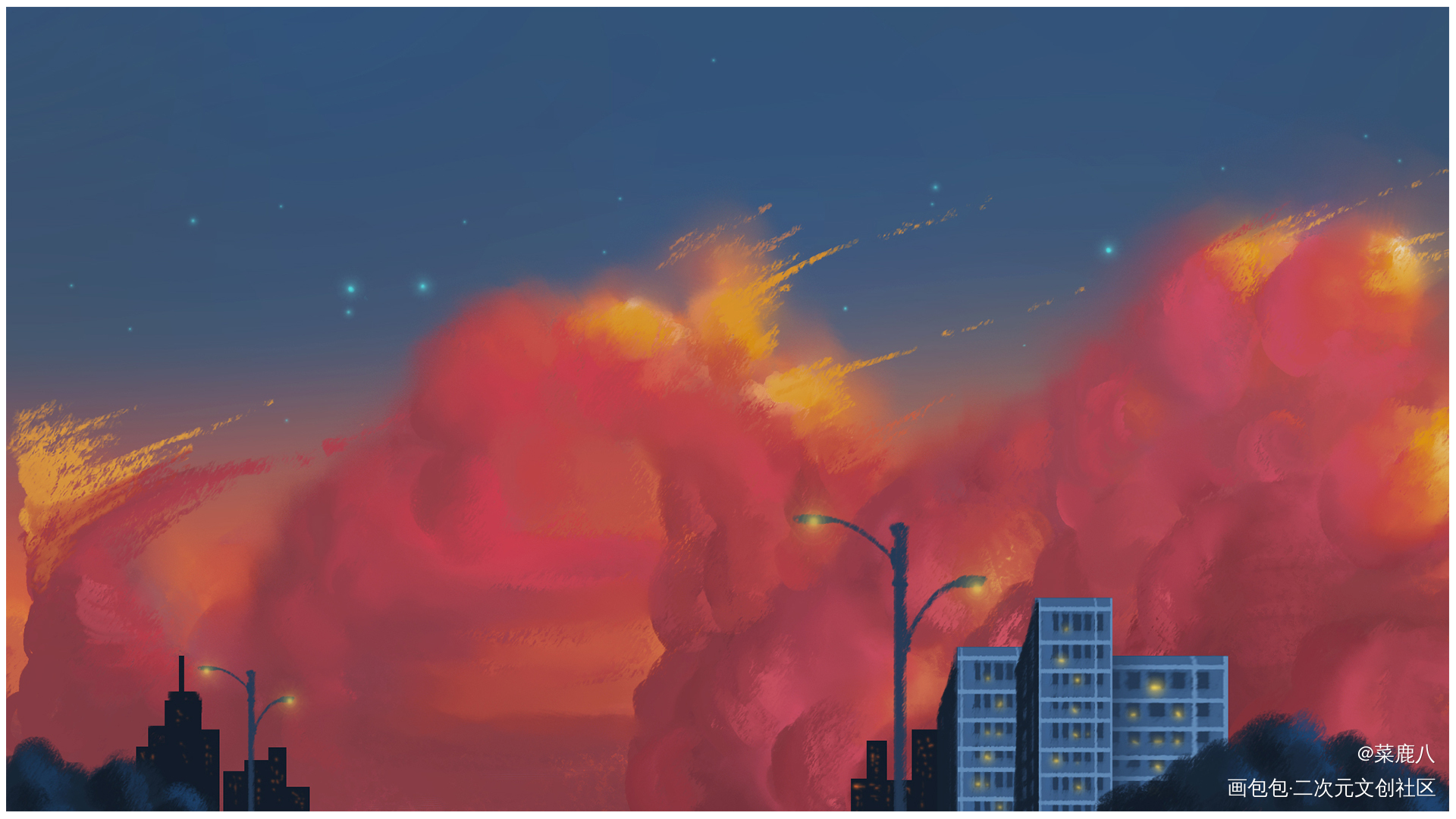 【云11】_厚涂云朵云场景插画黄昏速涂风景板绘插画板绘绘画作品