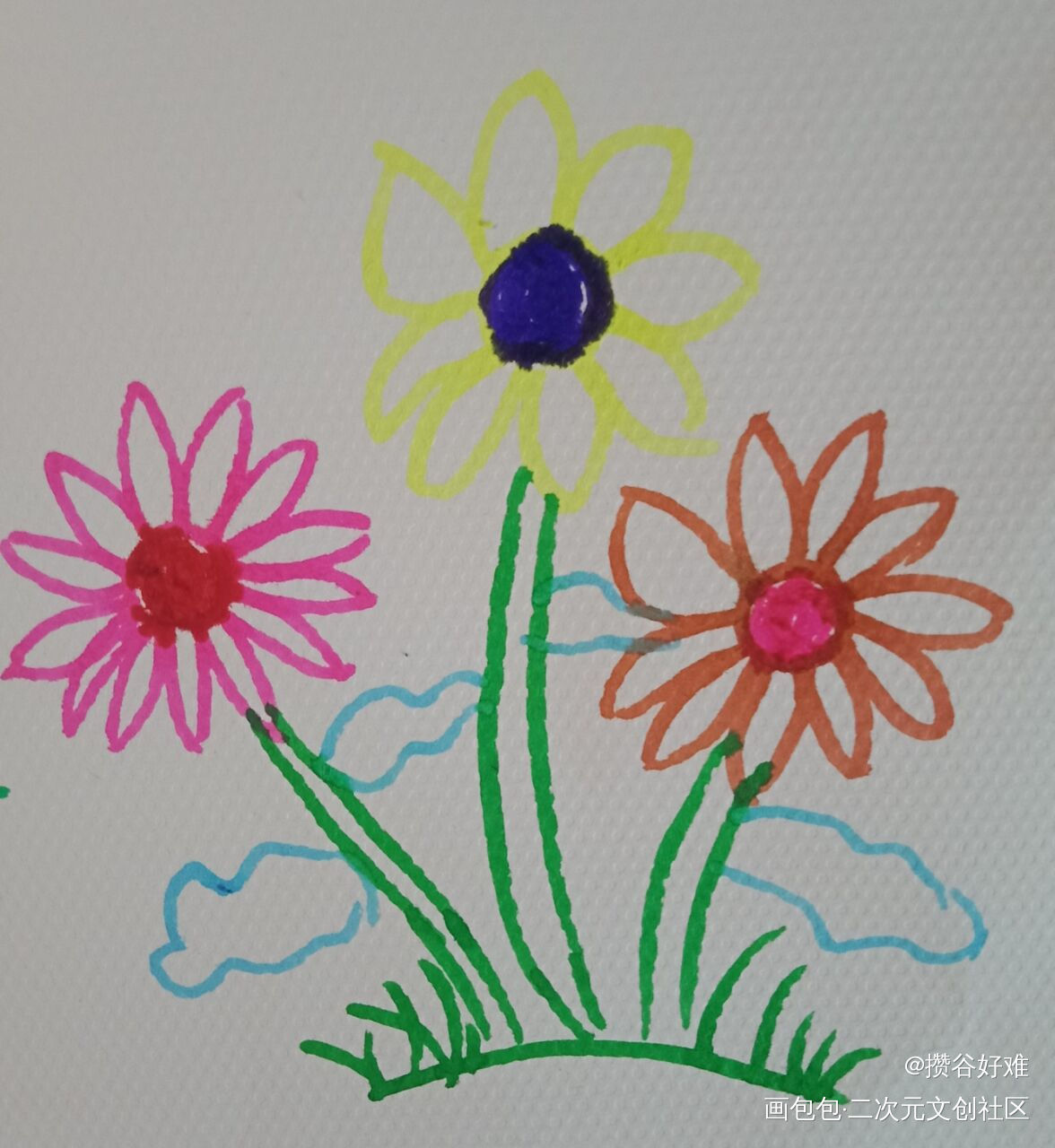 春日里的白云，小花和绿地_唤醒春日主题打卡绘画作品