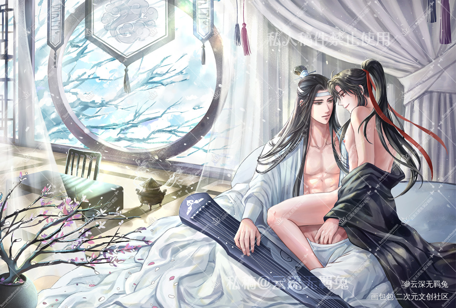 含光夷陵天天曲-古琴_魔道祖师忘羡蓝忘机魏无羡绘画作品