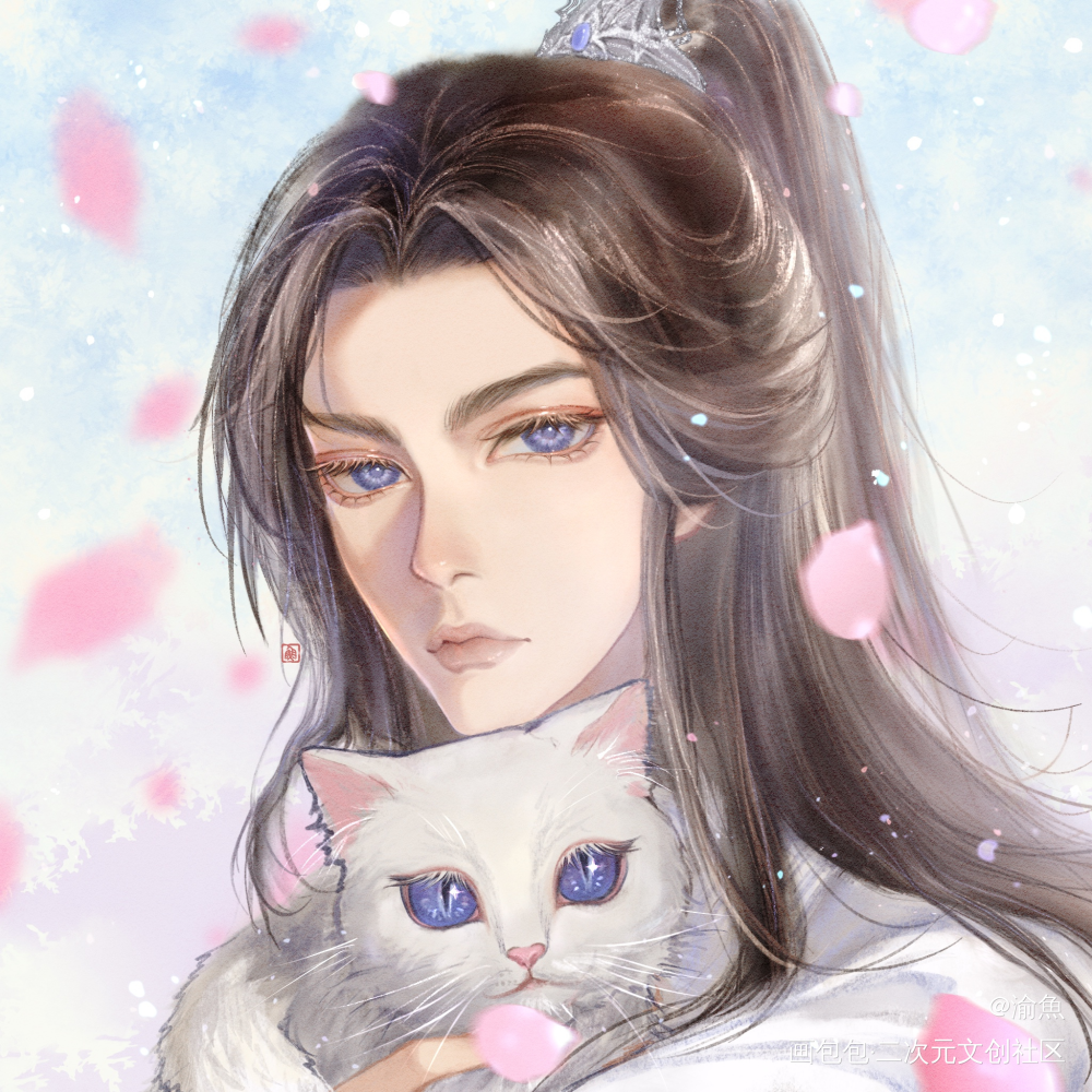 绝美晚宁抱猫图_二哈和他的白猫师尊燃晚楚晚宁古风厚涂头像绘画绘画作品
